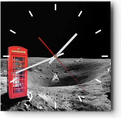 Produktbild von Wanduhr - Quadrat - Glasuhr - Telefon london Mond Astronaut - 30x30cm - Schleichendes Uhrwerk - Lautlos - zum Aufhängen bereit - Dekoration Modern - Wanddekoration aus Glas - C3AC30x30-3181
