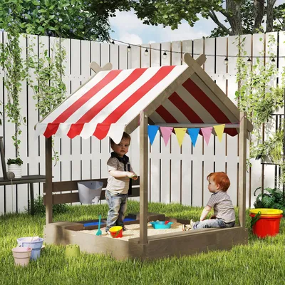 Produktbild von Sandkasten Spielhaus mit Sonnendach, Sandkiste Tannenholz, Spielzeug-Set, Grau | 124x116x146 cm | bodenfreies Design | für 2 Kinder