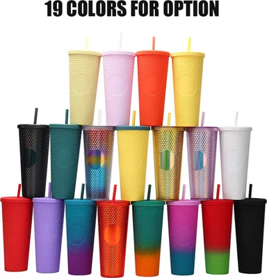 Image de 710ML/24OZ Tasse à eau de grande capacité Tasse en plastique réutilisable avec couvercle anti-fuite à large ouverture Paille