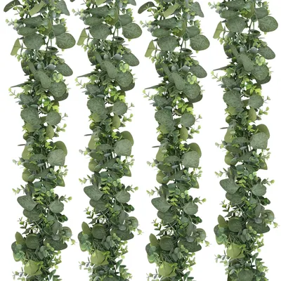 Produktbild von Künstliche Eukalyptusgirlanden aus gemischten Eukalyptusblättern, grüne Girlande, Hängepflanzen für rustikale Tischdekoration, Kaminsims, Hochzeitsbogen, Hintergrunddekoration (4 Stück)