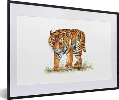 Produktbild von MuchoWow® MuchoWow® Gerahmtes Poster Tiger - Gras - Bild 60x40 cm - Poster mit zchwarzem Bilderrahmen - Schlafzimmer - Plakat in Rahmen - Drucken