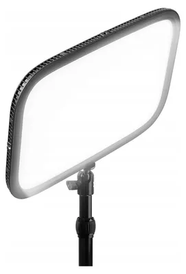 A professional studio light on a stand, against a white background.