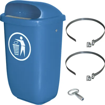 Produktbild von 50 Liter Abfallbehälter blau im Komplettset m. Schellenband zur Pfahlbefestigung