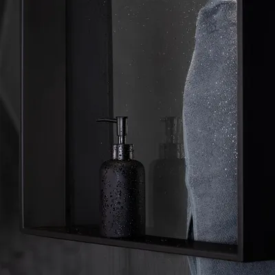 Zdjęcie produktu dla ShowerNIZR® półka prysznicowa Obsidian Black - półka pod prysznic bez wiercenia do zawieszenia na ściance ze stali nierdzewnej z 4 haczykami