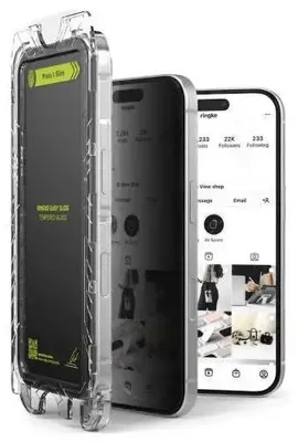 Obrázek produktu pro Ochranné sklo Privacy Premium Easy Slide 9H od Ringke pro iPhone 15/16, 2 kusy.