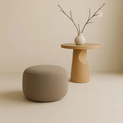 Produktbild von Moon Pouf rund Ø40x40 cm Beige – Sitzhocker in Stoff Quelle – Bequeme Fußablage & Dekohocker