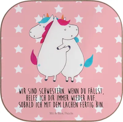 Produktbild von Mr. & Mrs. Panda Holzuntersetzer Einhörner Umarmen - Rot Pastell - Geschenk, Unicorn, Design Untersetzer, Freundin, Familie, Einhorn, Coaster, Quadratisch, Liebe, Glas