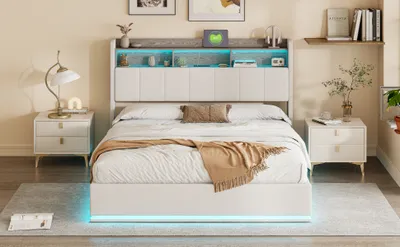Immagine prodotto di Letto matrimoniale 160 x 200 cm con contenitore nella testata e striscia luminosa a LED, resistente, in velluto, bianco