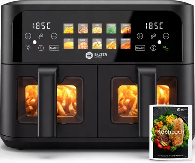 Produktbild von Balter Heißluftfritteuse XXL 9L Doppelkammer mit Sichtfenster, 2400W, ohne Öl, 10 Programme, Dual Zone-Sync Finish, Touch-Display, Edelstahl, Schwarz