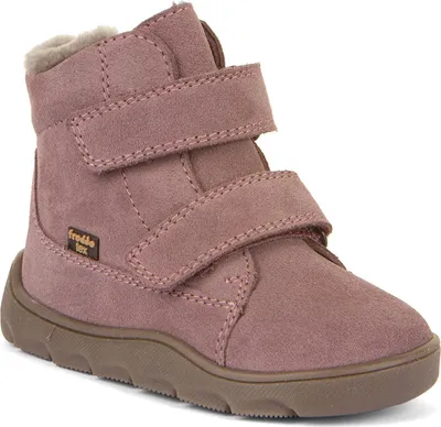A single pink boot is shown against a white background.