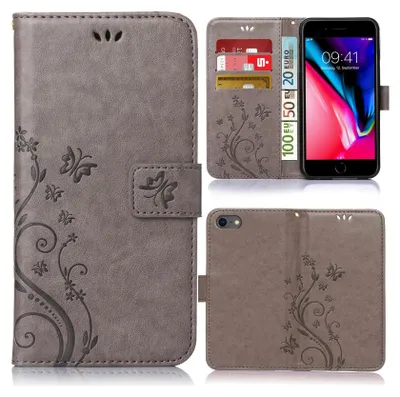 Produktbild von Handy Tasche für Apple iPhone 8 Schutz Hülle Handyhülle mit Blumenmuster Klapp Hülle mit Standfunktion und Kartenfächer Grau