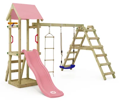 Image de Tour de jeux Wickey TinyLoft avec balançoire et extension d'escalade en rose clair