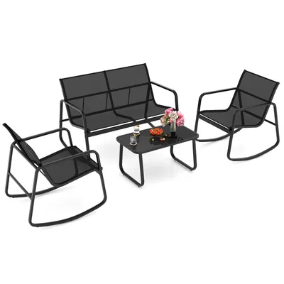 Produktbild von GOPLUS Gartenmöbel Set, Balkonmöbel Set mit Schaukelbank & 2 Schaukelstühle & Glastisch, 4 Personen Terrassenmöbel Textilene, Sitzgruppe Balkon, Garten, Hinterhof & Terrasse, schwarz