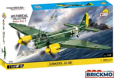 The image shows the packaging of a COBI Junkers JU-88 building block set, with a depiction of the assembled model airplane on the box.