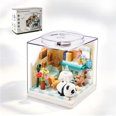 Produktbild von Panda Wohnzimmer Micro Bausteine Set mit Staubschutzhaube – DIY Miniatur Szene für Erwachsene & Teenager – Modellbau Deko & Geschenk