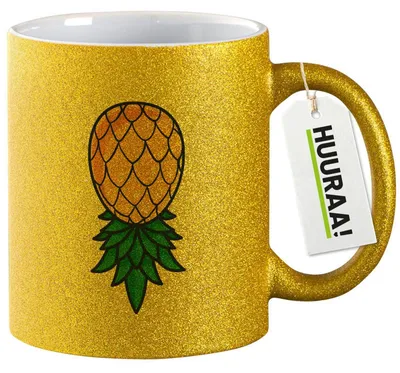 Produktbild von Huuraa Glitzertasse Ananas Comic 330ml Gold Keramik Kaffeebecher Geschenkidee