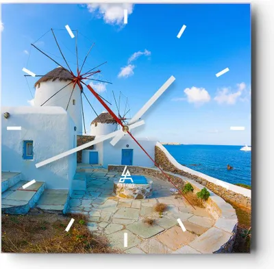 Produktbild von Wanduhr - Quadrat - Glasuhr - Griechenland Insel Küste Haus - 40x40cm - Schleichendes Uhrwerk - Lautlos - zum Aufhängen bereit - Dekoration Modern - Wanddekoration aus Glas - C3AC40x40-2424