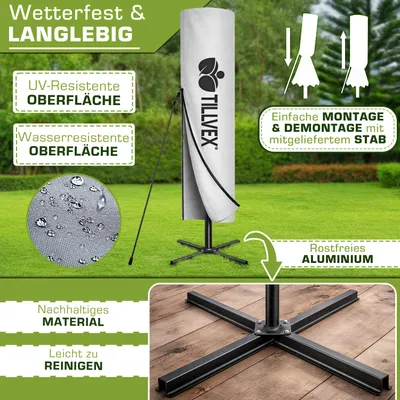 Produktbild von tillvex® Alu Sonnenschirm Rechteckig Ø 330 cm Grau + Abdeckung mit Kurbel | Ampelschirm Eckig mit Ständer | Gartenschirm UV-Schutz Aluminium | Kurbelschirm Marktschirm wasserdicht 360° drehbar