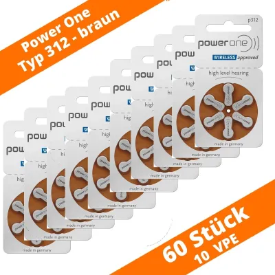 Produktbild von 10 x 6er Blister (60 Batterien) POWER ONE Hörgeräte-Batterie Zinc-Air Typ 312 (braun) PR41