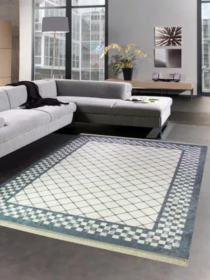 Image de Tapis imprimé tapis salon lavable carreaux gris taille - 140x200 cm ovale