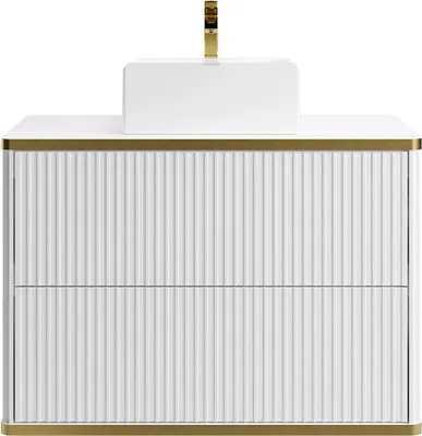 Produktbild von Hängender Badezimmerschrank mit geriffeltem Design und goldenem Rand, mit Aufsatzwaschbecken – Weiß – 80 cm – KELIZA