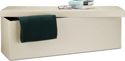 Produktbild von Relaxdays Faltbare Sitzbank HxBxT 38 x 114 x 38 cm, XL Kunstleder Sitztruhe, Aufbewahrungsbox mit viel Stauraum, creme