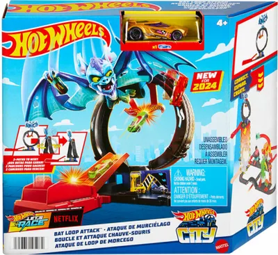 Produktbild von Hot Wheels City Angriff der Fledermaus Spielset mit Spielzeugauto im Maßstab 1:64, Fahrzeug- & Schienen-Set, 4 Jahr(e), Kunststoff, Mehrfarbig