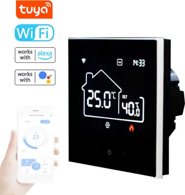 Zdjęcie produktu dla Tuya WiFi centralna klimatyzacja wewnętrzna Termostat Ogrzewanie podłogowe Uniwersalny regulator temperatury Cyfrowy wyświetlacz Inteligentny termostat Sterowanie za pomocą aplikacji na telefon komórkowy Kompatybilny z Alexa i Google Assistant do sterowania głosowego