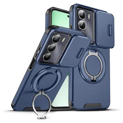 Immagine prodotto di Custodia a doppio strato per Realme C75 4G, copertura scorrevole della fotocamera e supporto magnetico ad anello Blu