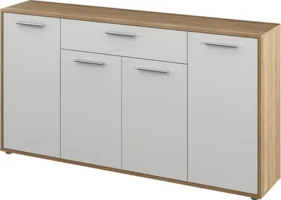A modern sideboard with a wood-effect top and white doors and drawers, set against a white background.