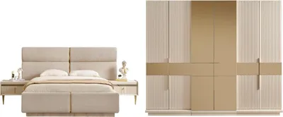 Produktbild von Tesla Schlafzimmer Set Polsterbett 270 cm, 6-türiger Kleiderschrank, Beige, LED