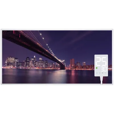 A panoramic image of the Brooklyn Bridge at night, with a digital display showing temperature readings in the lower right corner.