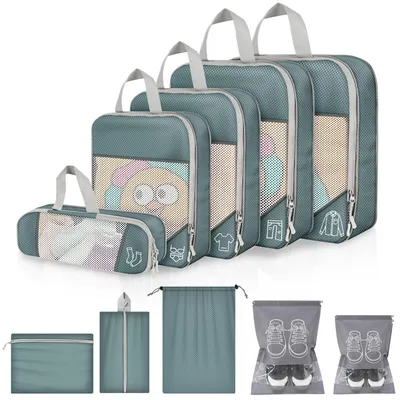 Produktbild von Kofferorganizer-Set 10-teilig, Kompressions-Packwürfel Grau mit Netz, Packtasche