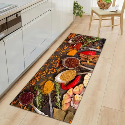 Obrázek produktu pro Kuchyňská rohož 60 x 180 cm, motiv koření/lžíce, protiskluzová/savá/pratelná, do kuchyně/koupelny