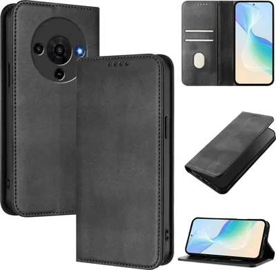 A collage of images showing a black leather flip case for a smartphone, with different angles and views.