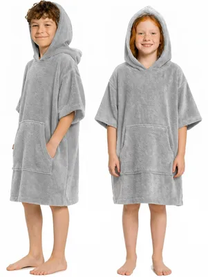 Produktbild von CalmyBEACH Frottee Badeponcho Kinder Bademantel - Grau 6-9 Jahre 100% Baumwolle