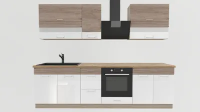 Produktbild von Küchenzeile 270 cm - ECONO A - Sonoma Eiche - Weiß Hochglanz - Mit Arbeitsplatte Lancelot Eiche - Einbauküche mit Soft-Close - Metallbox Schubladen