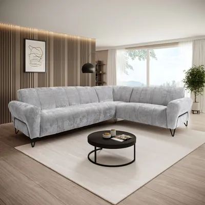 Image de Canapé d'angle Beautysofa 295 cm, canapé moderne, canapé avec pieds en métal noir - Disposition : à gauche, coin rembourré, modèle VOLARE L, gris clair Vega 12