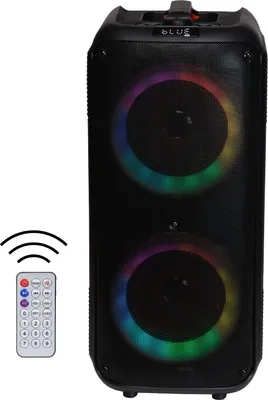 A black party sound system with colorful LED lights and a remote control.