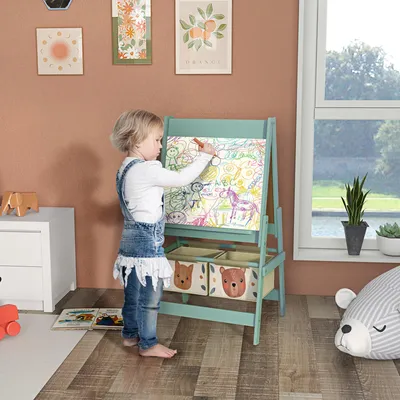 Produktbild von Sweiko 3-in-1 Kinder Staffelei mit Papierrolle, Kreidetafel, Whiteboard, Aufbewahrungskörbe, 54 x 46,5 x 93 cm, grün