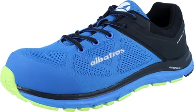 A single blue and black Albatros safety shoe with neon green accents is shown from a side angle against a white background.