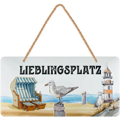Produktbild von LANOLU Retro Blechschild Lieblingsplatz maritim, Küstendeko mit Möwe Strandkorb Leuchtturm, wetterfest, mit Jutekordel, 16x32 cm