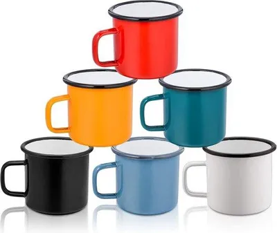 Immagine prodotto di Set di tazze smaltate, 6 pezzi, 350 ml, porcellana bianca-nera-blu-rossa-gialla-verde