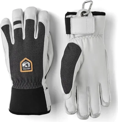 Skihandschuhe "Army Leather Patrol - 5 finger" von Hestra; in grau und schwarz; mit elastischem Bündchen und Karabiner.