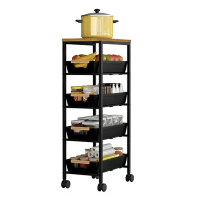 Image de Chariot de cuisine à 4 niveaux, chariot utilitaire, chariot de service sur roulettes, chariot de rangement multifonction, pour bureau, salon, cuisine, couleur noire