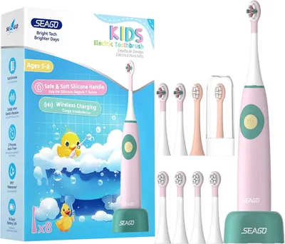 Produktbild von Elektrische Kinderzahnbürste ab 5-8 Jahre mit Ladestation, 8 Bürstenköpfen, 35000 Vibrationen, IPX7 wasserdicht, 70 Tage Akku, BPA-frei
