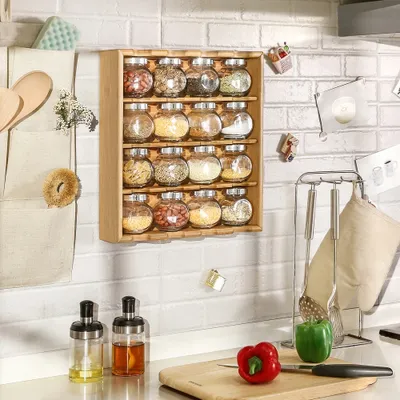 Produktbild von Kräuterregal mit 16 Kräutertöpfen aus Glas - Küchenregal/Gewürzregal aus Bambusholz - Küchenorganisierer mit 4 Böden - hängend und stehend verwendbar - Decopatent