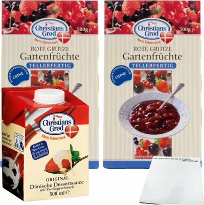 Produktbild von Chr.Grod Grütze Gartenfrüchte (2x500g Packung) & Dessert-Sauce mit Vanillegeschmack (1x500ml) + usy Block
