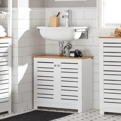 Produktbild von SoBuy BZR40-W Szafka pod umywalkę z drzwiami żaluzjowymi Szafka łazienkowa Szafka pod umywalkę Meble łazienkowe biały-naturalny WD ok: 60x59x30cm