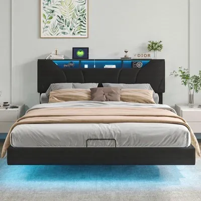 Immagine prodotto di Letto matrimoniale con spazio contenitore a sollevamento idraulico, illuminazione a LED e porta di ricarica USB, rivestito in ecopelle nera